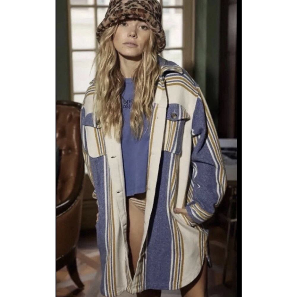Aerie Cream Blue Striped Cotton Oversized Long Flannel Shacket Jacket Large L